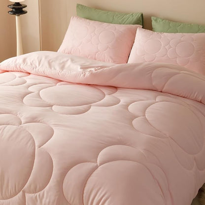 CLOTHKNOW Pink Blush Full Size Comforter Sets Daisy Puff Bedding Comforter Sets Soft Boho Comforter Pink Comforter with 2 x Pillow Cases