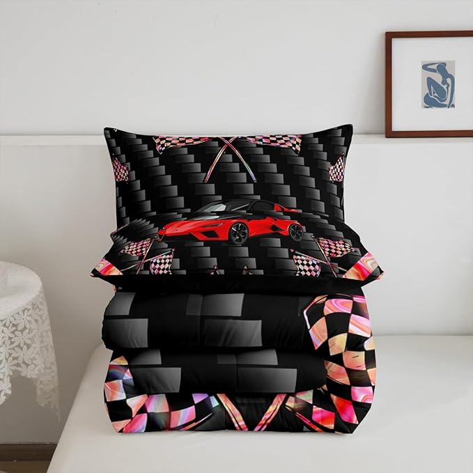 jejeloiu Red Race Car Bedding Set King Size Extreme Sports Comforter Set for Kids Teens Adult Fast and Furious Duvet Set Dazzling Flag Quilt Set 3Pcs