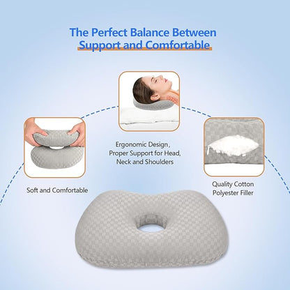 Ear Piercing Pillow with an Hole for CNH and Ear Pain Inflammation Pressure Sores for Side Sleepers, Cotton and Polyester Side Sleeper Pillow, Washable and Adjustable Ear Guard Pillow, Gray