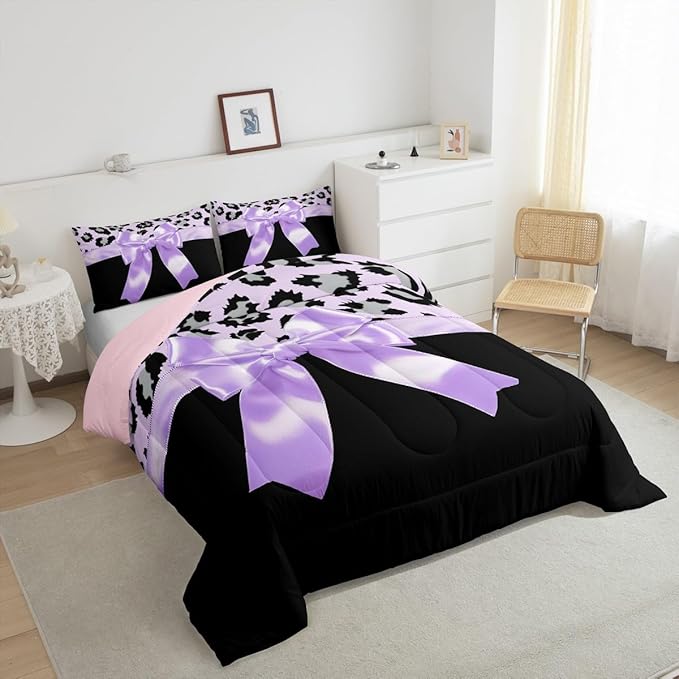 jejeloiu Purple Silk Bowknot Duvet Cover Twin Size Grey Leopard Bedding Set for Kids Girls Women Black Purple Comforter Cover Set Sweet Romantic Bedspread Cover 2Pcs