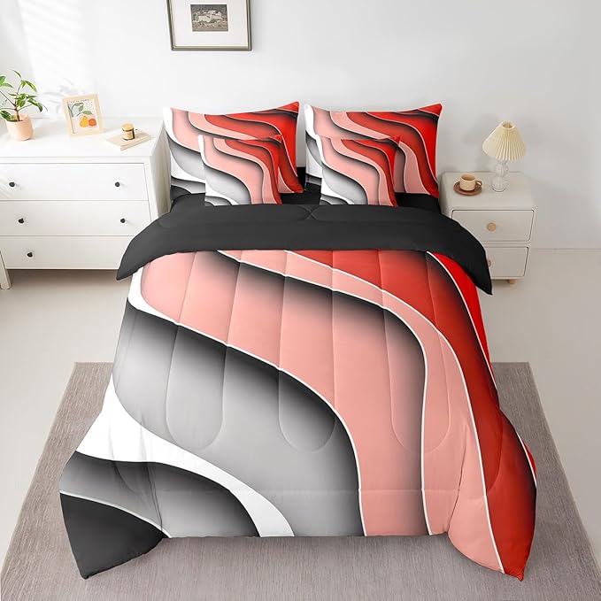 Erosebridal Red Pink Grey Ombre Bedding Comforter Sets 7pcs for Girls Geometric Stripe Bed in a Bag, Aesthetic Wave Twin Bedding Sets Modern Abstract Comforter Set, Gradient Bedding Sets & Collections