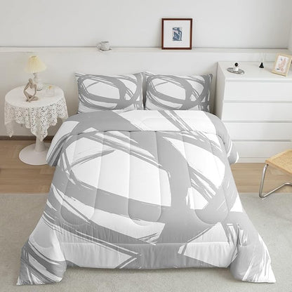 Erosebridal Gray and White Abstarct Toddler Bedding Set,Aesthetic Geometric Comforter Set for Minimalists,Graffiti Stripes Lines Quilt,Contemporary Boho Modern Art Duvet Insert for Minimalism