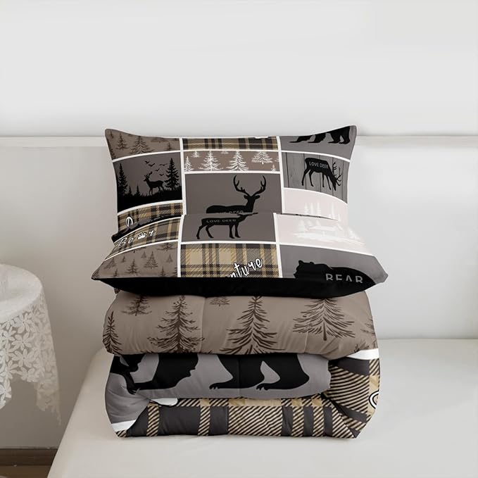 Hunting Bear Comforter Set For Boys, Rustic Cabin Lodge Bedding Queen Size, Vintage Farmhouse Patchwork Duvet Insert Woodland Animal Adventure Camping Down Comforter 3Pcs With 2 Pillow Cases, Brown