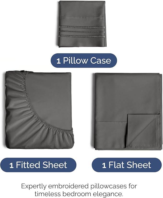 Twin Size 3 Piece Sheet Set - Comfy Breathable & Cooling Bed Sheets Set - Hotel Luxury Bedding for Women, Men, Kids, Teens, Boys & Girls - Deep Pockets, Ultra-Soft, Wrinkle Free - Oeko-Tex - Charcoal