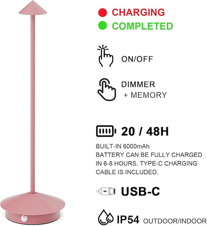2-Pack 6000mAh Rechargeable Led Table Lamp Cordless,3000K-6000K Stepless Dimming Touch Lamps with Memory Function,IP54 Waterproof Aluminum Table Light for Outdoor/Bars/Restaurant/Patio(Pink)