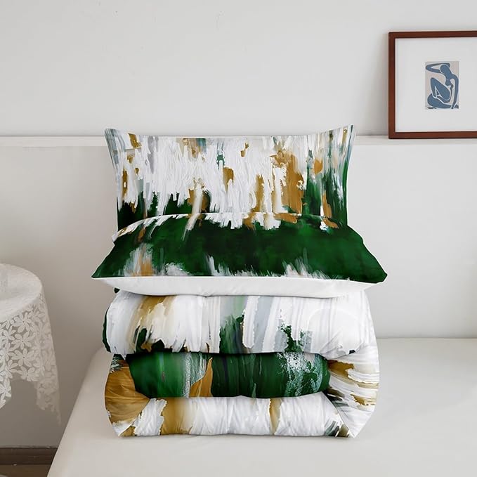 Erosebridal Dark Green Bedding Set Full Watercolor Graffiti Comforter Set, Striped Oil Painting Duvet Insert Aesthetic Modern Quilt Set, Ombre Brush Marks Contemporary Bedding Comforters & Sets