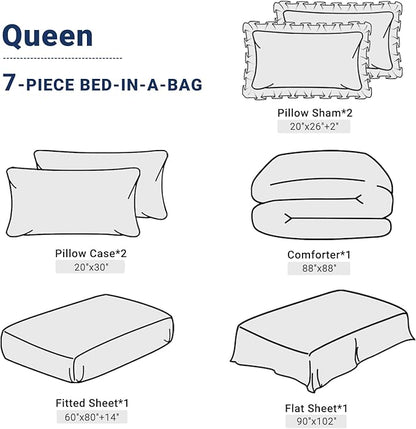 JOLLYVOGUE Queen Comforter Set 7 Pieces, Navy Blue/Gray Bed in a Bag Comforter Set for Bedroom, Bedding Comforter Sets with Comforter, Sheets,Ruffled Shams & Pillowcases