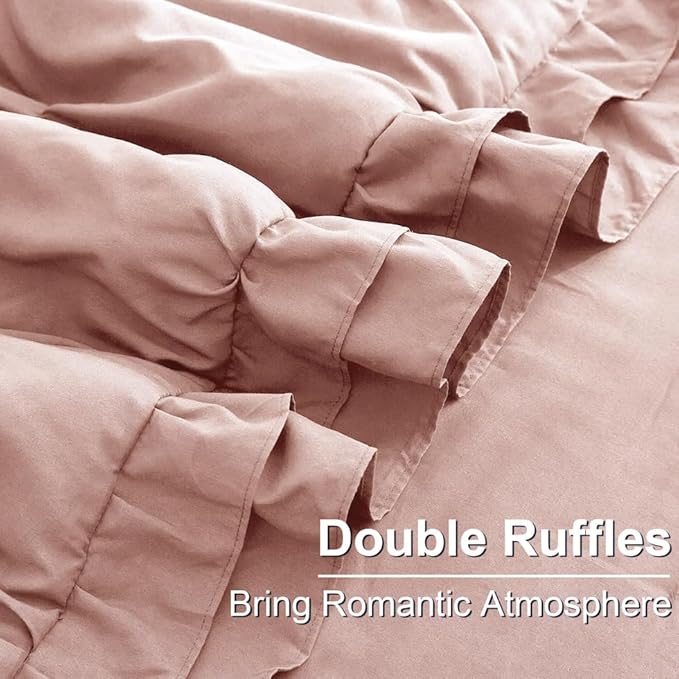 AMWAN Ruffled Pintuck Shabby Chic Farmhouse Comforter Set King Size 3 PCS (1 Solid Ruffled Comforter with 2 Pillowcases) Soft Fluffy Pinch Pleated Comforter Set All Seasons Comforter Set Dusty Rose