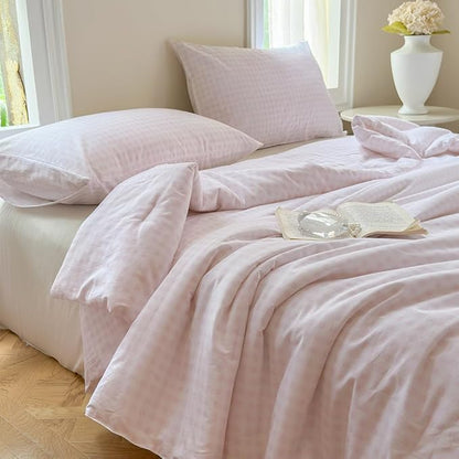 NSNLGSGC Pink Gingham Cotton Comforter Set King, 100% Washed Cotton Red Plaid Checked Comforter Bedding, 3 Pieces Vintage Farmhouse Grid Bedding Set(Pink Gingham, King)