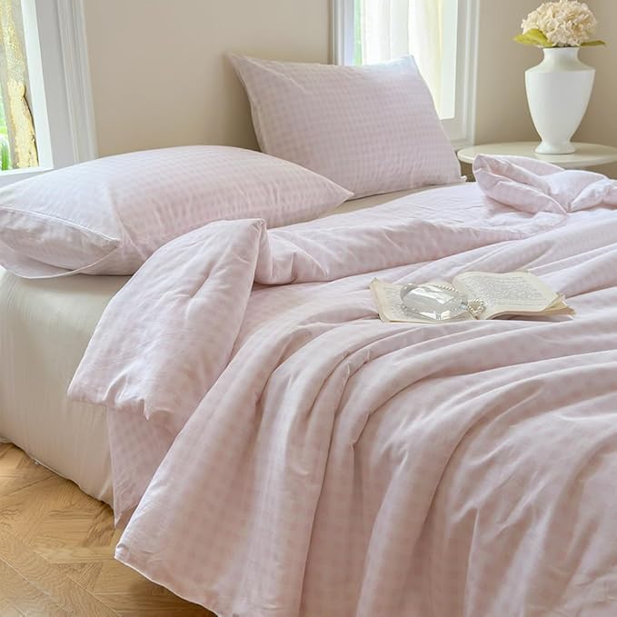 NSNLGSGC Pink Gingham Cotton Comforter Set Queen, 100% Washed Cotton Plaid Checked Comforter Bedding, 3 Pieces Vintage Farmhouse Grid Bedding Set(Pink Gingham, Queen)