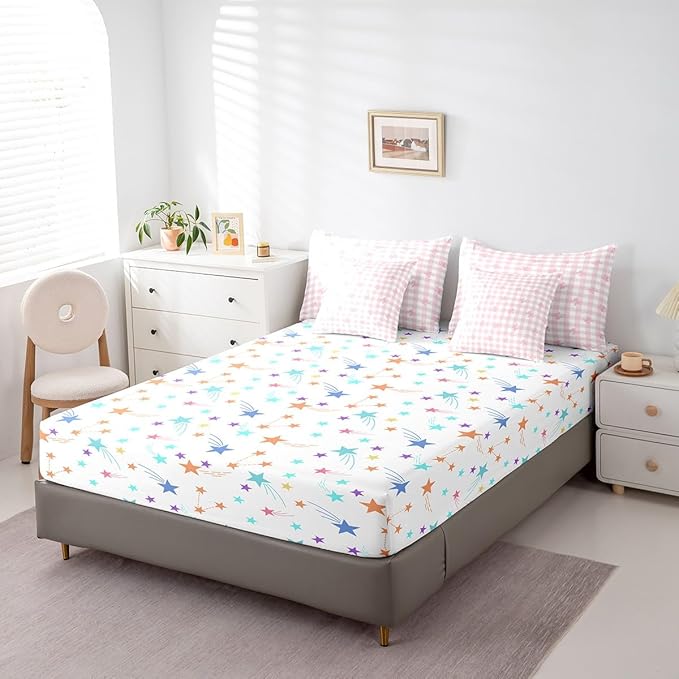 Feelyou Pink Bow Comforter Set with Sheets Twin Size Kids Bowknot Pliad 7 Pieces Bedding Set for Boys Girls Teens Gift for Girls Women Grid Bed in a Bag Breathable Princess Décor Bed Set