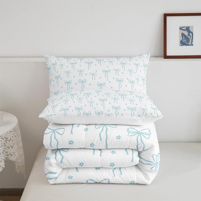 Castle Fairy Blue Bow Comforter Set King Size,Bow Print Bedding Set 3Pcs for Kids Teens Adults Room Decor,Flower Floral Down Comforter Princess Bedding Comforters,2 Pillowcases
