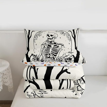 Erosebridal Halloween Gothic Skull Comforter Set Queen, Goth Skeleton Bedding Set for Kids Teens Youth Women Men Vintage Halloween Decor, Gothic Floral Comforter, Sun and Moon Quilt