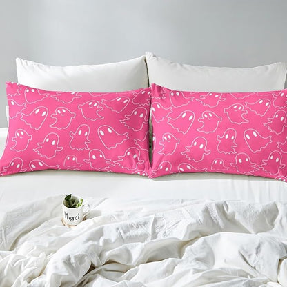 Erosebridal Girls Hallloween Ghost Bedding Set Toddler, Kawaii Ghost Comforter Set, Cute Pink Spooky Comforter for Kids Teens Women Bedroom Decor, Funny Halloween Decor Quilt