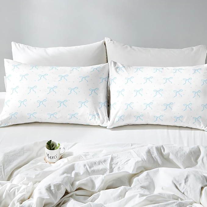 Erosebridal Kids Blue Bow Knot Bedding Set King Size, Kawaii Bowknot Comforter Set for Youth Teens Adults Bedroom, Dreamy Princess Down Comforter, Princess Galaxy Stars Quilt with 2 Pillowcases