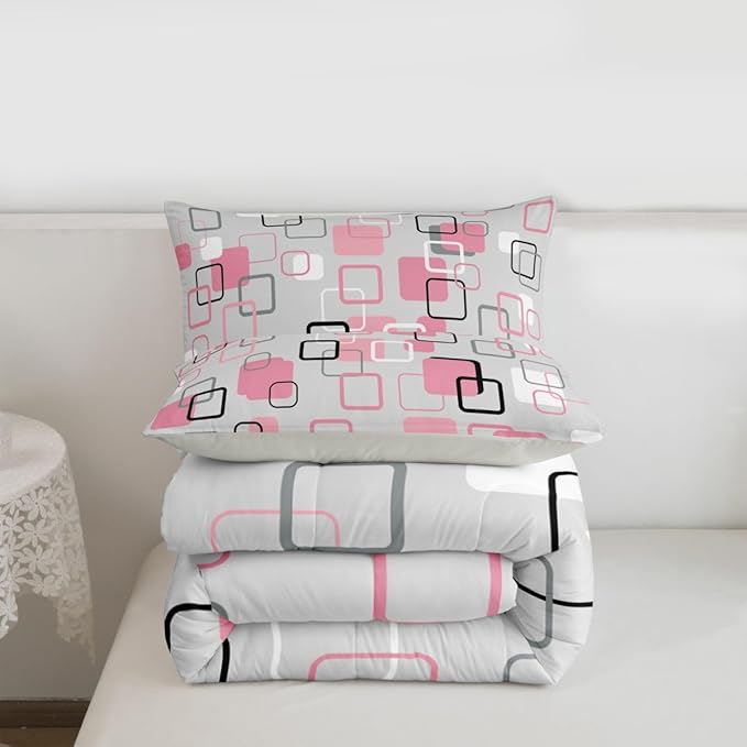 Erosebridal Pink Geometric Square Kids Comforter Sets Pink and Gray Striped King Bedding Set for Girls Boys Minimalist Art Aesthetic Comforter Set Modern Abstract Plaid Quilt Duvet 3 Pcs