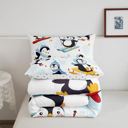 Castle Fairy Winter Snowflak Bed Comforter Set Queen Size,Cute Cartoon Skiing Penguin Super Soft Microfiber Bedding Set for Girls Boys,Merry Christmas Theme New Year Decorative Quilter Set
