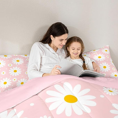 Erosebridal Flower Comforter Set Pink Daisy Floral Girls Full Bedding Set Cute Cartoon Flowers Comforter for Kids Teen Women Bedroom All Season,Kawaii Bed Set with 2 Pillowcases