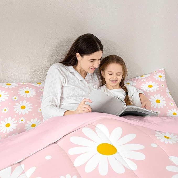 Erosebridal Flower Comforter Set Pink Daisy Floral Girls King Bedding Set Cute Cartoon Flowers Comforter for Kids Teen Women Bedroom All Season,Kawaii Bed Set with 2 Pillowcases