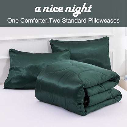 A Nice Night Satin Silky Soft Quilt Sexy Luxury Super Soft Microfiber Bedding Comforter Set Full/Queen, Light Weighted (Blackish Green, King)