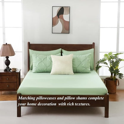 Sheet&Joy Queen Comforter Set, 7-Piece Bed in a Bag, Pintuck Bedding Sets for All Season, Includes Comforter, Flat Sheet, Fitted Sheet, Pillowcases and Pillowshams, Olive Green