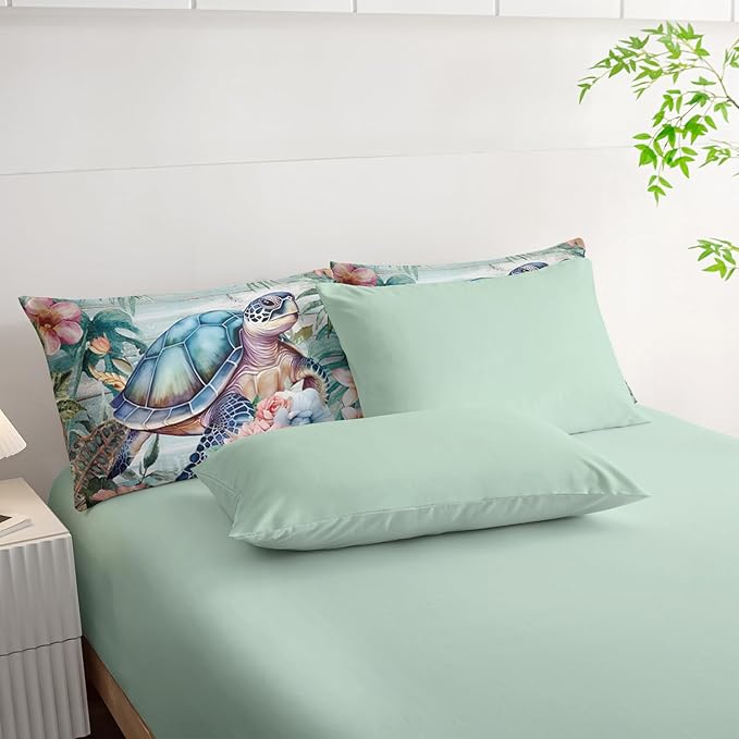 Spring Sea Turtle Comforter Set 7 Pcs Bedding Set Queen Size,Spring Sea Turtle Theme Bedding Set 7 Piece in A Bag,Wooden Floral Tropical Plants Printed Quilts Set Lightweight Soft