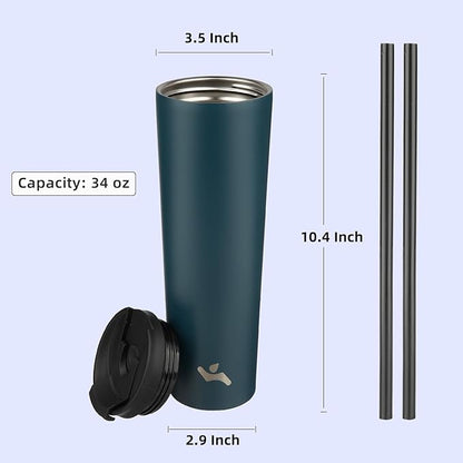 34 OZ Insulated Tumbler with Lid and 2 Straws Stainless Steel Water Bottle Vacuum Travel Mug Coffee Cup,Navy blue