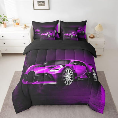 Feelyou Sports Car 7 Piece Bedding Set Purple Race Car Comforter Set with Sheets for Kids Boys Girls Extreme Sports Bed in a Bag Cool Speed Luxury Car Decor Quilt with 2 Pillowcases Queen
