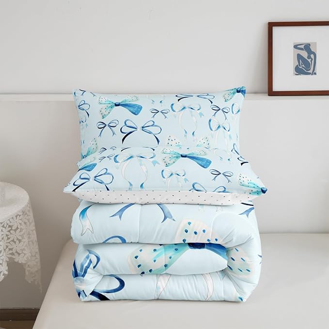 Feelyou Bow Bedding Set Boys Girls King Size Cute Bowknot Comforter Set for Kids Women Men Ultra Soft Blue Girls Bow Comforter Lovely Duvet Set
