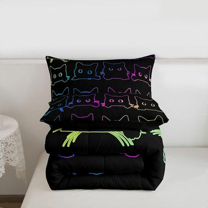 Cute Cats Bedding Set King Kawaii Cat Pet Comforter Set Colorful Neon Ombre Kawaii Animal Line Down Comforter Lovely Cat Lovers Room Decor Lightweight Duvet Set For Teens Children Boy Girl