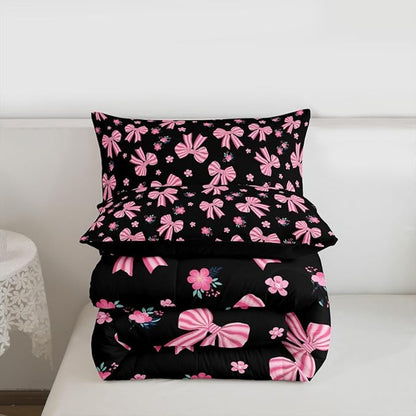 Feelyou Black Pink Bow Bedding Set Soft for Boys Girls, Cute Floral Comforter Set Twin Size Cute Bowknot Duvet Quilt Microfiber Kawaii Bedroom Decor 2 Pcs with 1 Pillow Cases