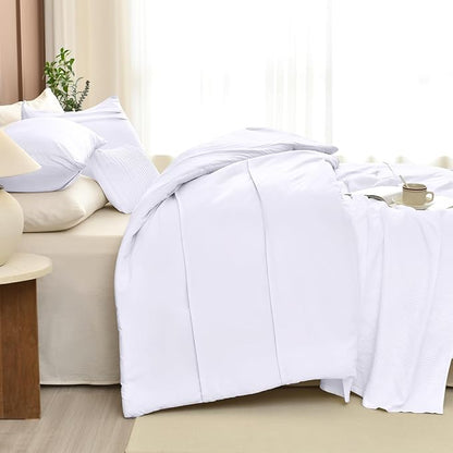 Masaca Oversized King Comforter 128x120,White Pinch Pleat Bedding Comforter,3 Pieces Vintage Farmhouse Lightweight and Soft Boho Bedding Set for All Season