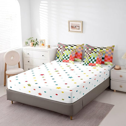 Feelyou Multicolored Checkered Retro 7 Piece Bedding Set Kids Boys Geometric Vintage Comforter Set with Sheets King Size Green Red Yellow Colorful Bed in a Bag Modern Groovy Aesthetic Room Decor