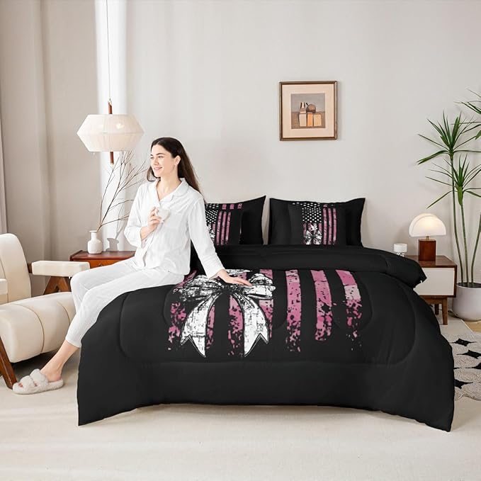 Erosebridal Camo King Comforter Set Bowknot 7-Piece Bed in A Bag Bow Military American Flag Pigeons Birds Sheets and Pillowcases Black White Pink Bed Sets