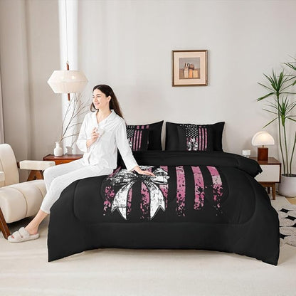 Erosebridal Camo King Comforter Set Bowknot 7-Piece Bed in A Bag Bow Military American Flag Pigeons Birds Sheets and Pillowcases Black White Pink Bed Sets