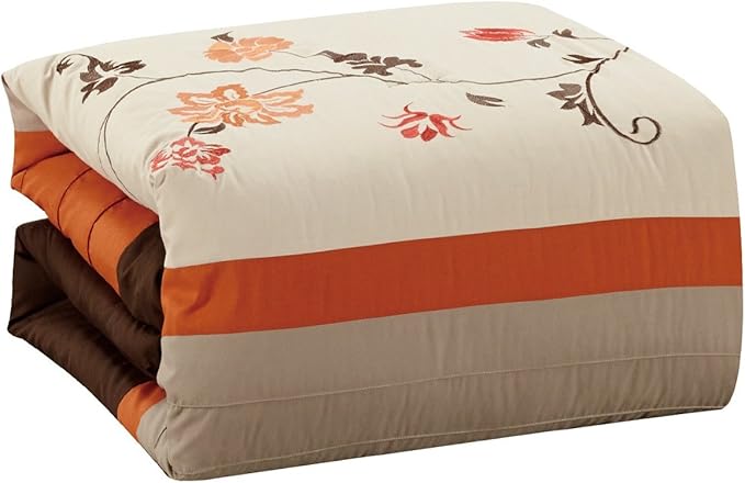 Chezmoi Collection Serene 7-Piece Luxury Autumn Floral Embroidery Comforter Set, King, Orange/Brown/Taupe