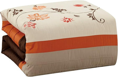 Chezmoi Collection Serene 7-Piece Luxury Autumn Floral Embroidery Comforter Set, King, Orange/Brown/Taupe