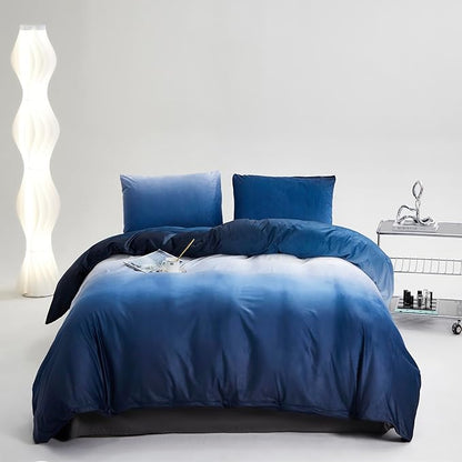 Cottonight Blue Velvet Comforter Queen Fluffy Flannel Bedding Set Women Men Thick Warm Winter Blanket Quilts Sherpa Micromink Navy Dark Blue Modern Chic Plush Fashion Bedding