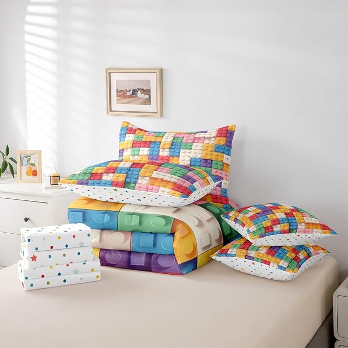 Feelyou Building Block Print 7 Piece Bedding Set Full Size Kids Brick Styles Comforter Set with Sheets for Boys Teens Colorful Gaming Bed in a Bag Green Red Yellow Blue Room Decor