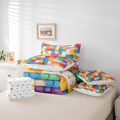 Feelyou Building Block Print 7 Piece Bedding Set King Size Kids Brick Styles Comforter Set with Sheets for Boys Teens Colorful Gaming Bed in a Bag Green Red Yellow Blue Room Decor