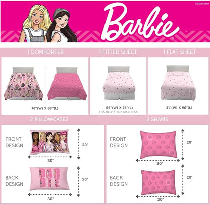Franco Barbie Barbiecore Bedding Super Soft Comforter and Sheet Set with Sham, 7 Piece Full Size, (Official Licensed Product)