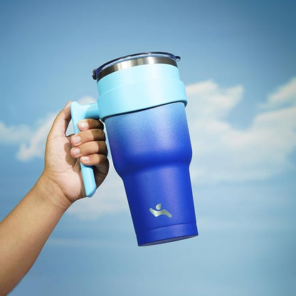 40 oz Tumbler with Handle and 2 Straw 2 Lid, Insulated Water Bottle Stainless Steel Vacuum Cup Reusable Travel Mug,Sky