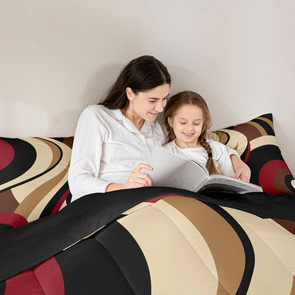 Red Brown Spiral King Bedding Set for Adult Women Men Modern Swirls Stripes Abstract Comforter Sets for Minimalists Boho Aesthetic Geometric Bed Sets Graffiti Art Lines Quilt Duvet Insert