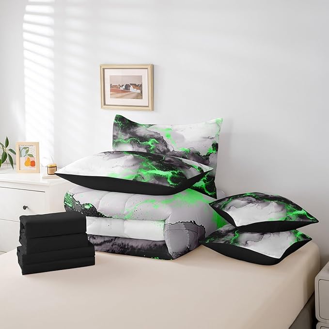 7pcs Black and Green Marble Bedding Full Size Modern Marbling Comforter Set, Mountain Fluid Bedding Comforter Sets Grey Aesthetic Bed in a Bag, Abstract Art Bedding Accessories Boys Girls Room Decor
