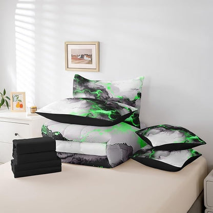 7pcs Black and Green Marble Bedding Full Size Modern Marbling Comforter Set, Mountain Fluid Bedding Comforter Sets Grey Aesthetic Bed in a Bag, Abstract Art Bedding Accessories Boys Girls Room Decor