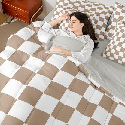 Feelyou Checkered Full Comforter Set with Sheets for Kids Boys Girls Brown Plaid 7 Pieces Bedding Set Vintage Checkerboard Geometric Bed in a Bag Reversible Grey Room Decor Soft