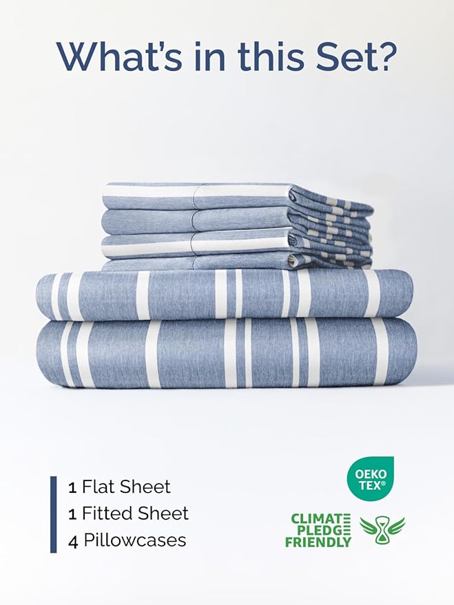 Extra Deep Queen Sheet Set - 6 Piece Breathable and Cooling Sheets - Hotel Luxury Bedding for Women, Men, Kids & Teens - Easy Secure Fit - Soft and Wrinkle Free with Extra Deep Pockets - Blue Stripes