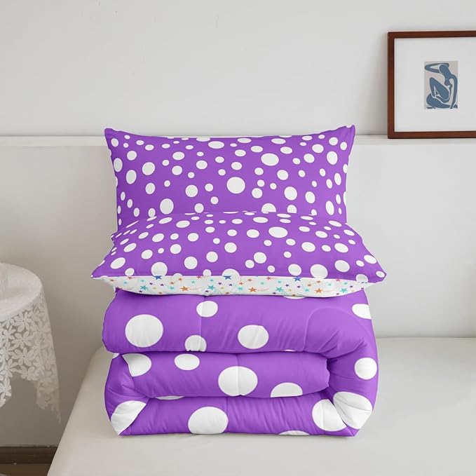 Manfei White Polka Dots Comforter Set King Size,Purple White Simple Geometric Circles Bedding Set 3 Pcs for Adults,French Style Cute Dots Print Comforter,2 Pillowcases