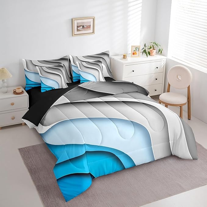 Erosebridal Grey Blue Gradient Bedding Twin Size 7-Piece for All Ages Geometric Stripe Comforter Set, Aesthetic Wave Bedding Comforter Sets Modern Abstract Bed in a Bag, Ombre Bedding Accessories