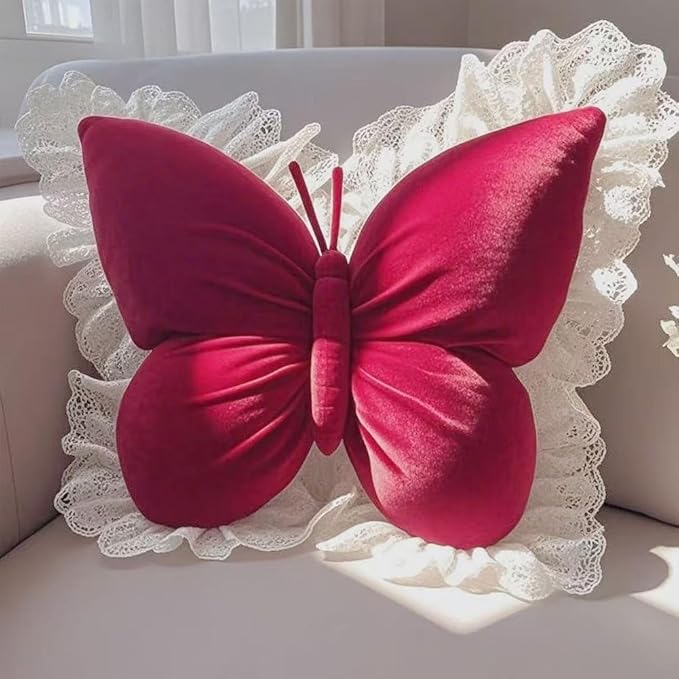 Butterfly Throw Pillow, Butterfly Shaped Decorative Pillow for Sofa Couch Bed, Plush Velvet Lumbar Support Cushion for Office Chair & Car Seat (Red)